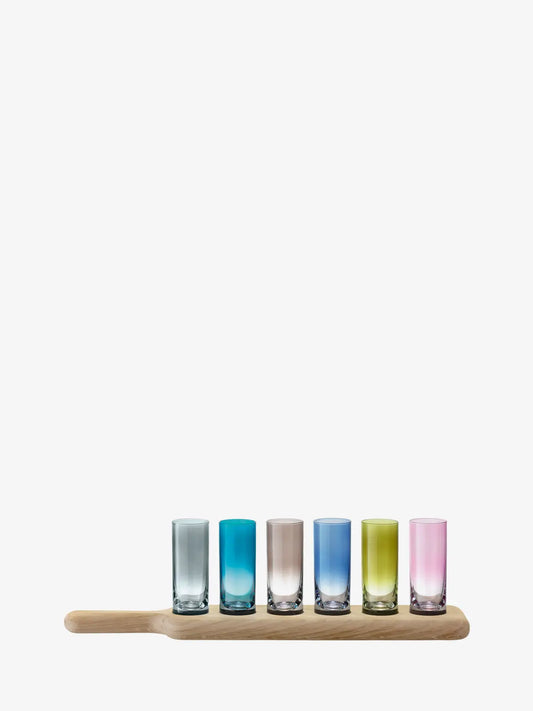 Colored Shot Glass Set with Oak Paddle
