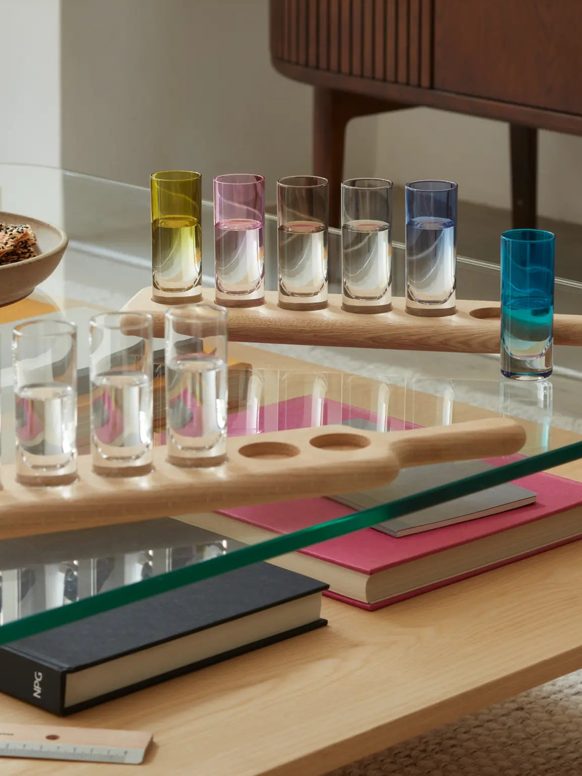 Colored Shot Glass Set with Oak Paddle